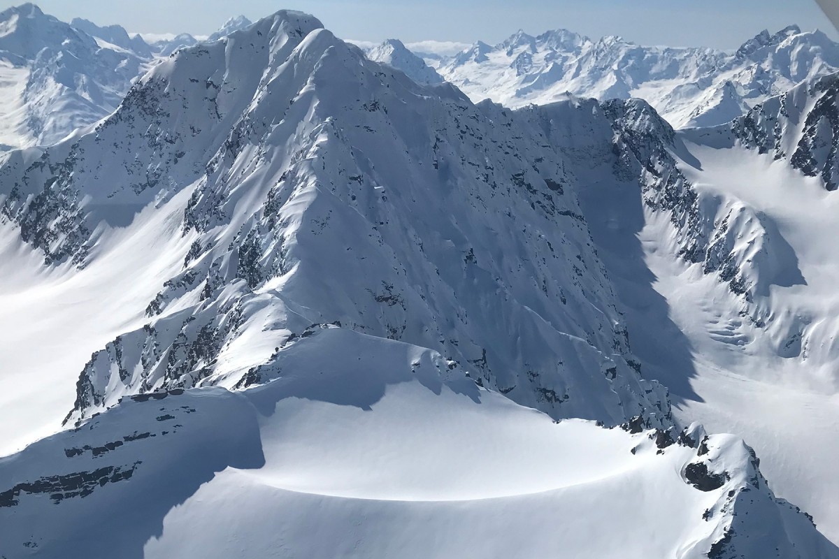 Cleavage is located in the backcountry of the Chugach Mountains near Valdez and is use for our glacier ski camps.